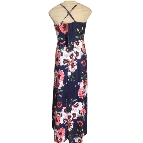 Boho Navy Blue Floral Maxi Dress Surplice Chest Faux Wrap Spaghetti Strap NWT S - Picture 5 of 12